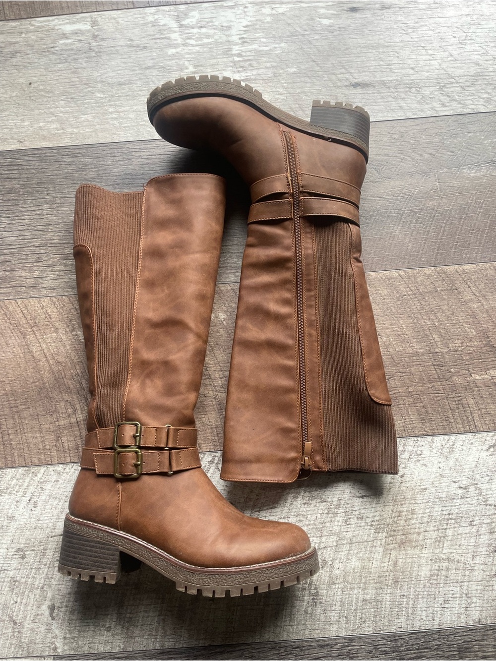 Brown Knee-High Women's Riding Style Boots with Buckle Detail
